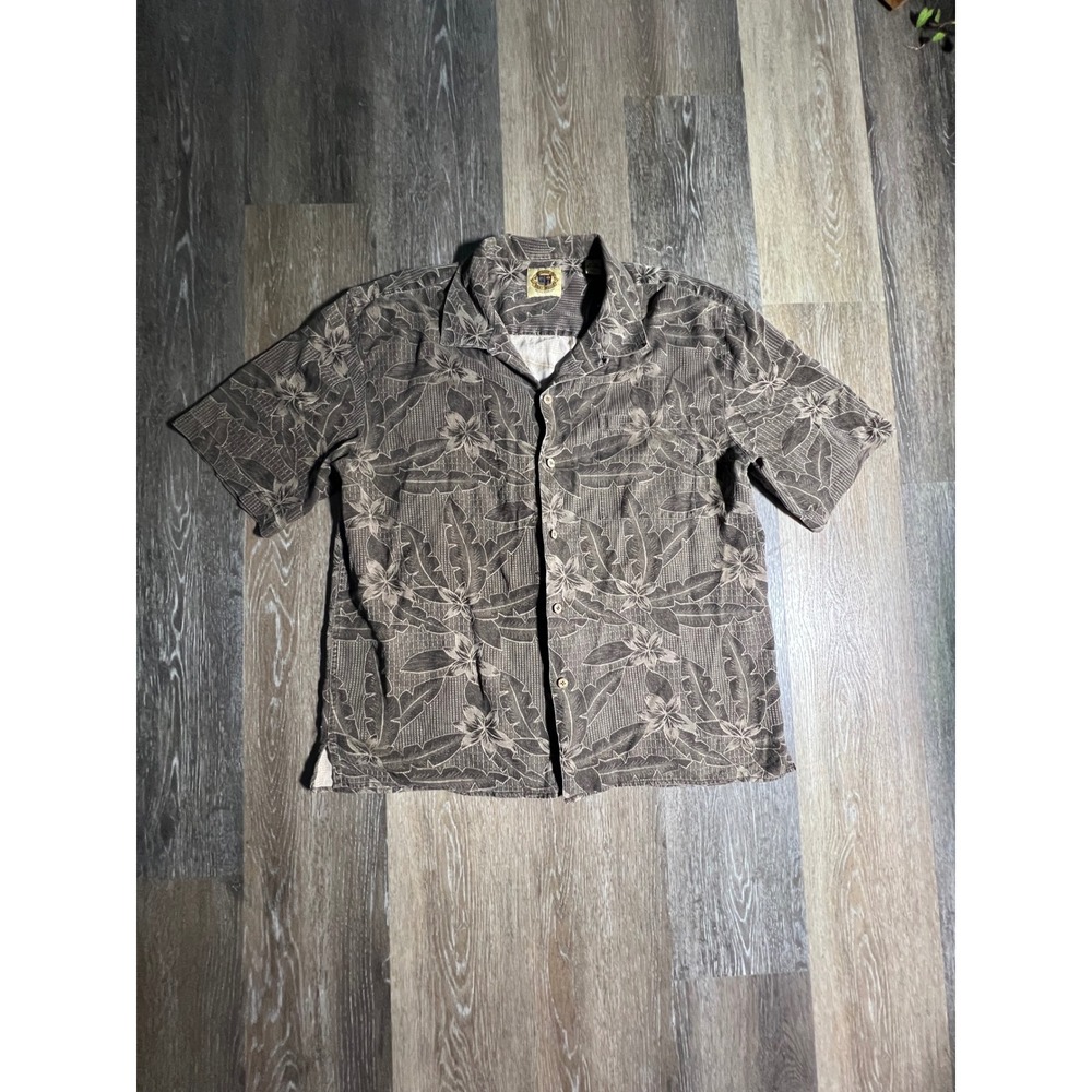 Pusser's West Indies Shirt Mens L Brown Silk Cotton Floral Button Up Excellent